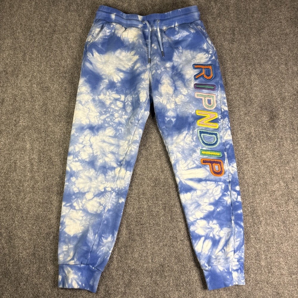 RIPNDIP Prisma Sweatpants Joggers Mens S Lightning Blue Tie Dye Cat Embroidered